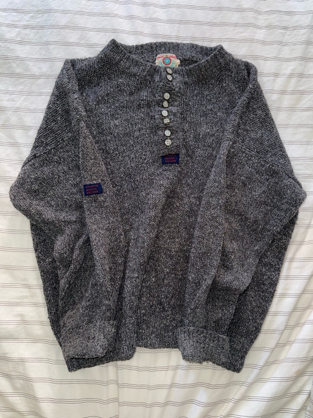 Vintage Grey Marled Fisherman Knit Sweater | Button Neck detail